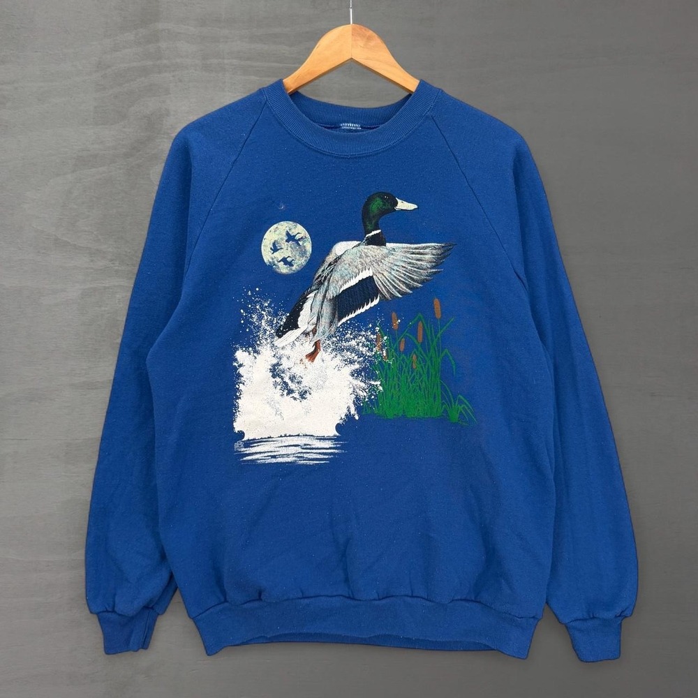 Vintage Mallard Duck Graphic Sweatshirt Crewneck Blue Nature Wildlife XL